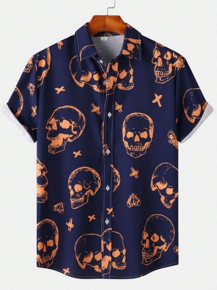 Uptown Funky Skull Printed Short Sleeve Casual Holiday Shirt